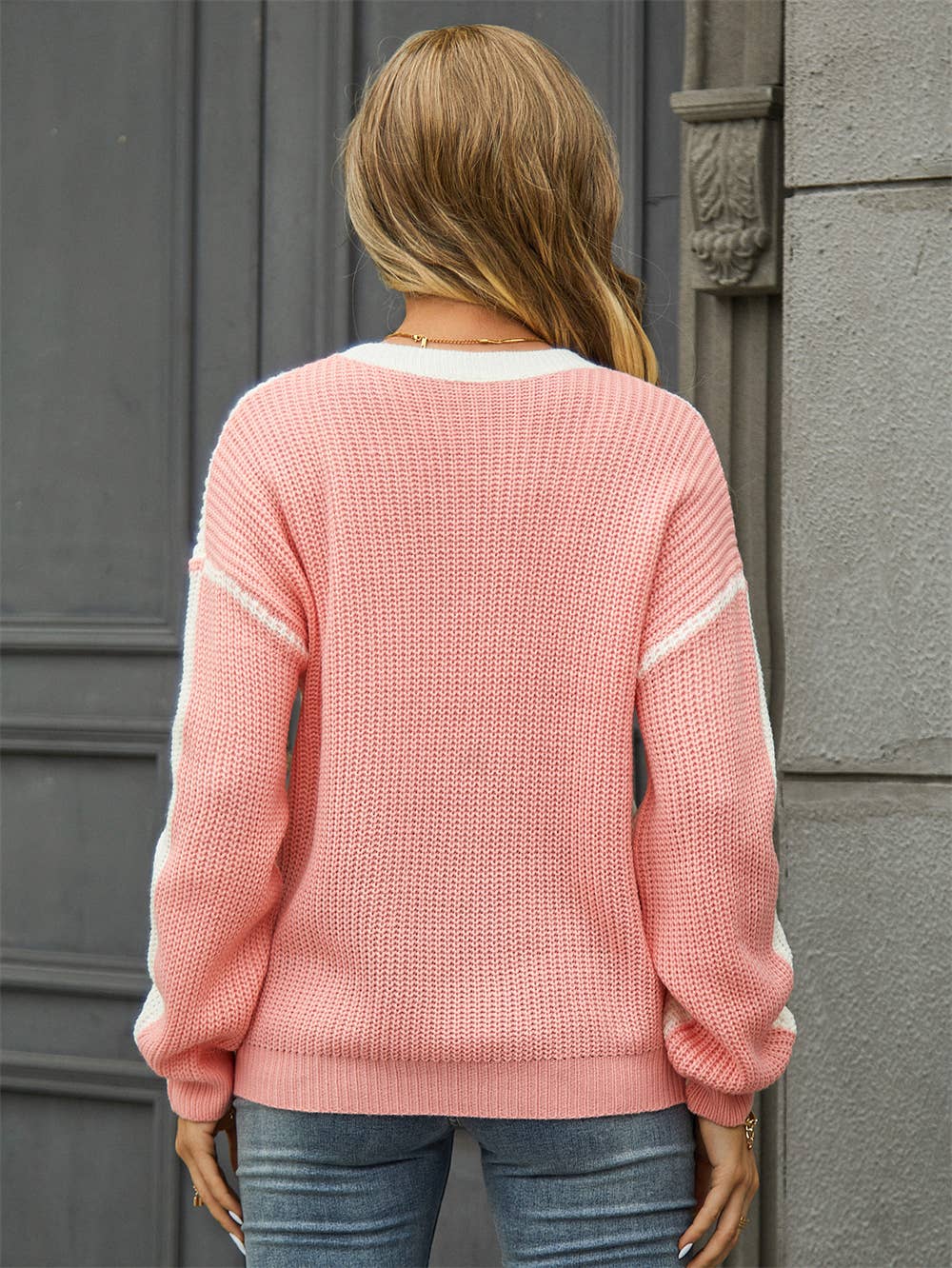 CREW NECK COLOR CONTRAST PATCHWORK SWEATER