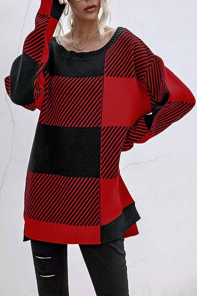 Cotton fine yarn matching plaid round neck loose knit