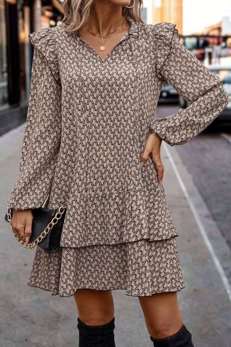 CWDSD8220_V-NECK TIE GEOMETRIC PRINT LONG SLEEVE DRESS