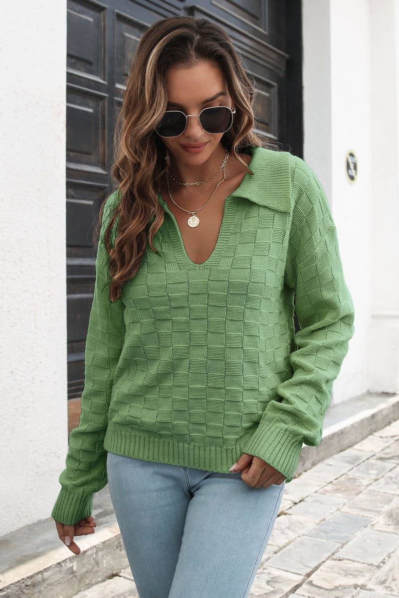 CWOSWL6854_NEW LOOSE THREE-DIMENSIONAL PLAID LAPEL SWEATER