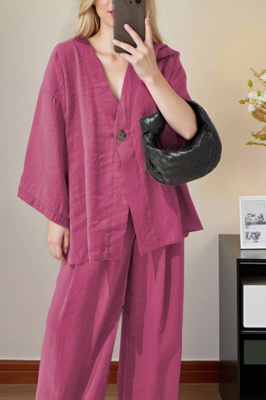 CWSS01311_V-NECK LOOSE TOP AND WIDE-LEG PANTS CASUAL SUIT