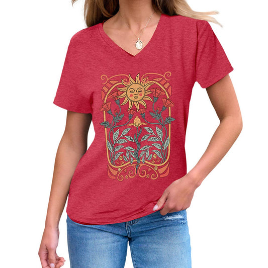 Floral sun print V-neck short-sleeved T-shirt