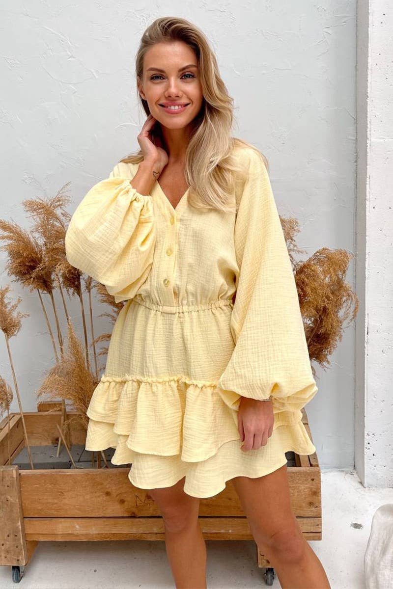 CWDSD8525_SOLID PUFF SLEEVE ELASTIC WAIST DRESS