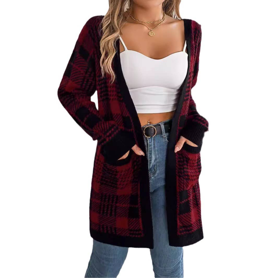 CASUAL COLOR CONTRAST PLAID POCKET CARDIGAN COAT