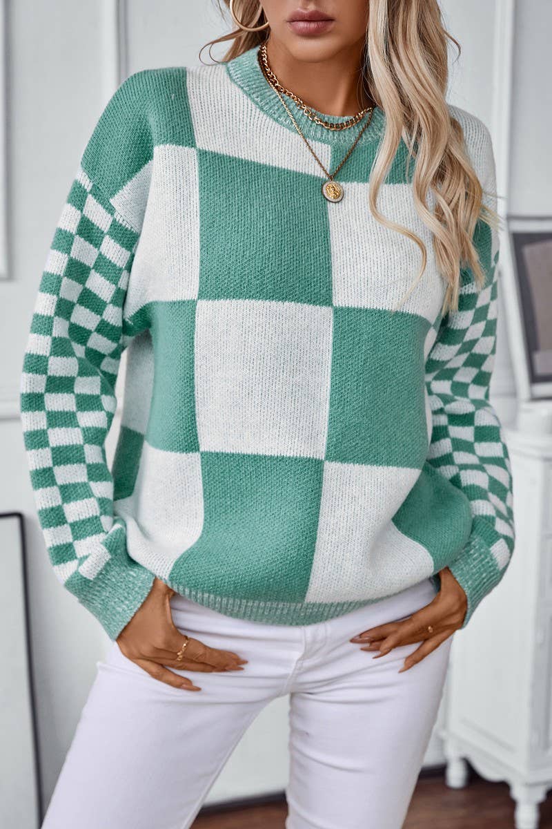 CWOSWL2873_CHECK CONTRAST KNIT SWEATER