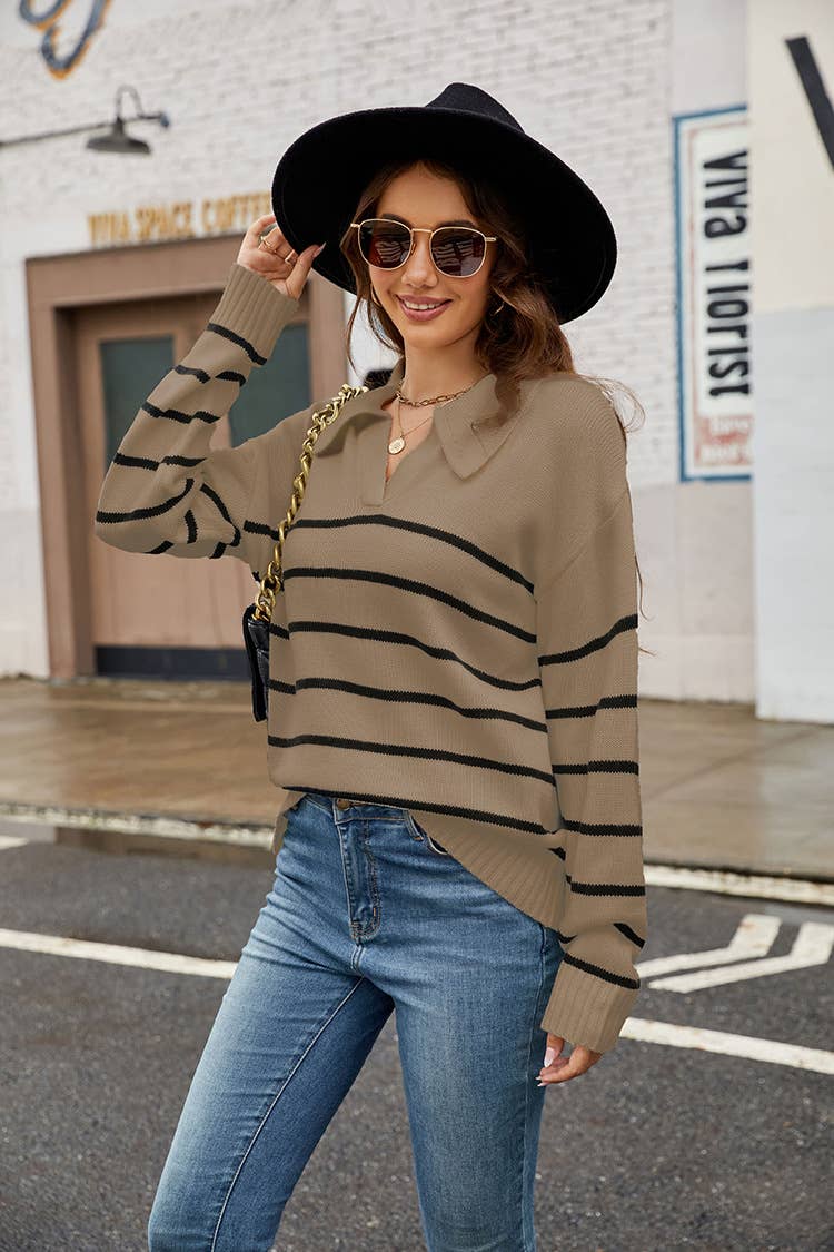 CASUAL POLO-NECK STRIPED PULLOVER