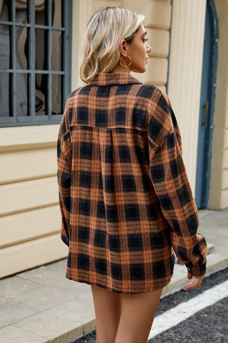 CWTSTL1711_STYLISH LONG SLEEVE POCKET PLAID SHIRT TOP