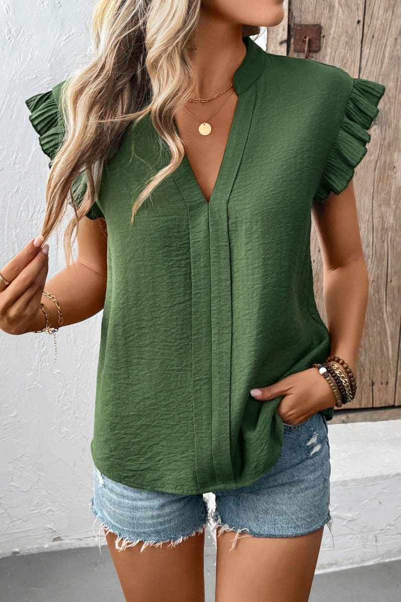 CWTBLS1850_SOLID COLOR CASUAL V-NECK FLOWY SLEEVE TOP