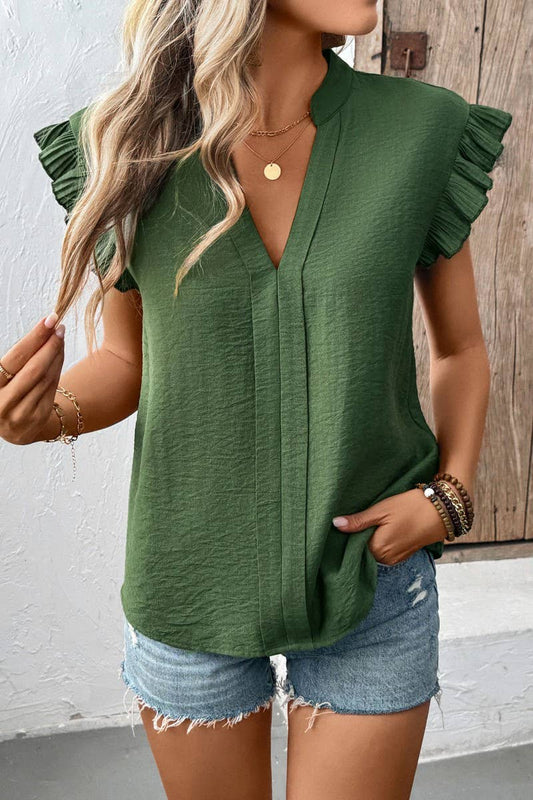 CWTBLS1850_SOLID COLOR CASUAL V-NECK FLOWY SLEEVE TOP