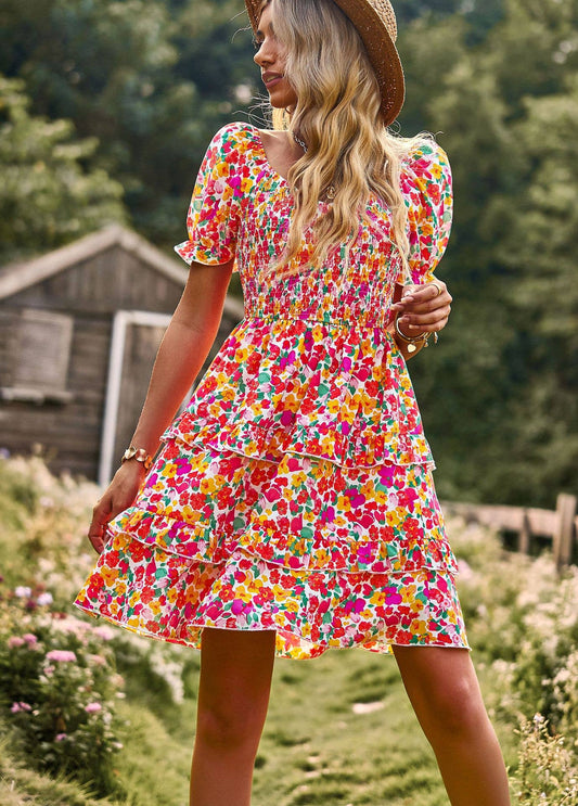 FLORAL SHORT SLEEVE CAKE DRESS