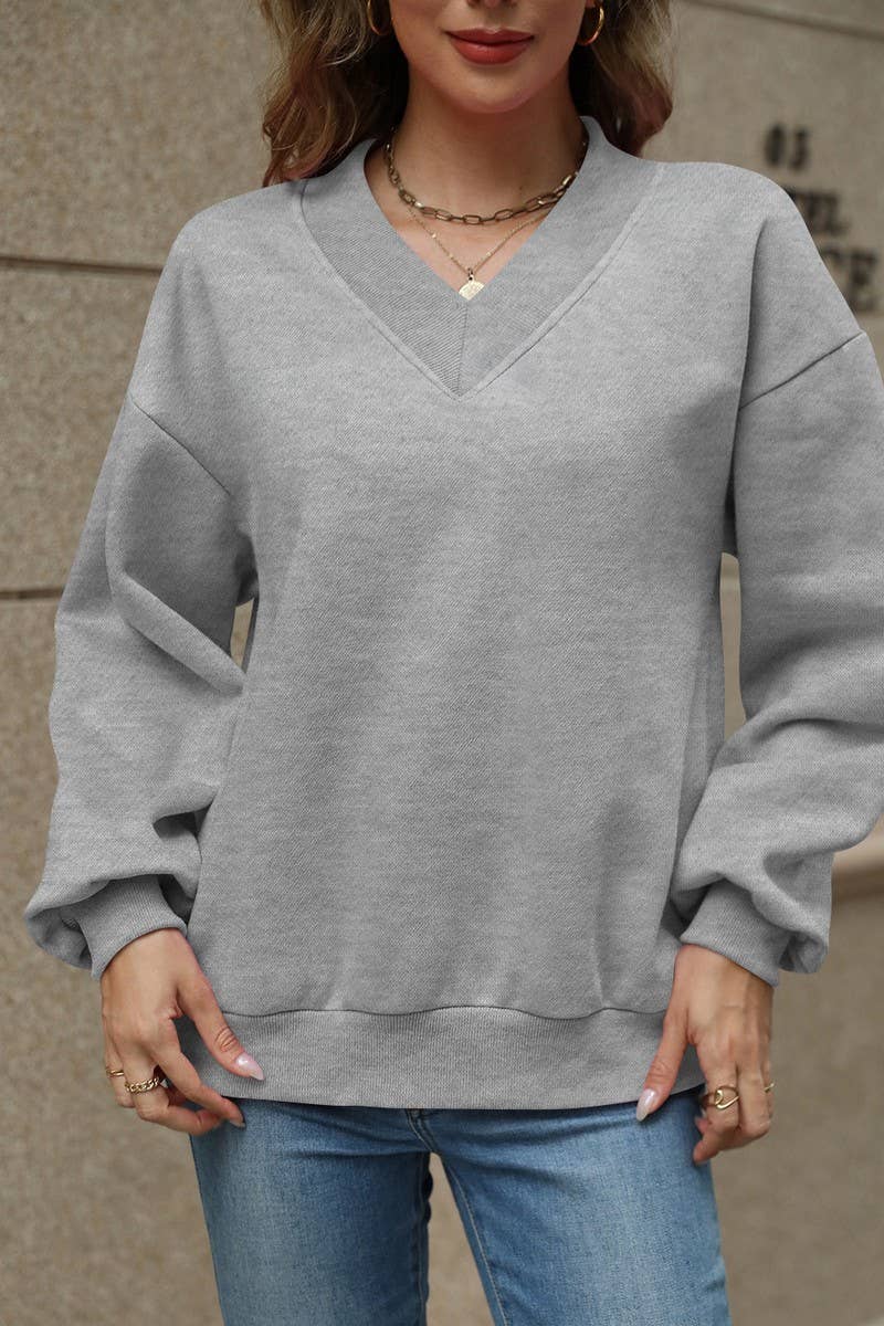 CWTBLL4011_SOLID V-NECK FLEECE LINED LOOSE FIT SWEATSHIRT