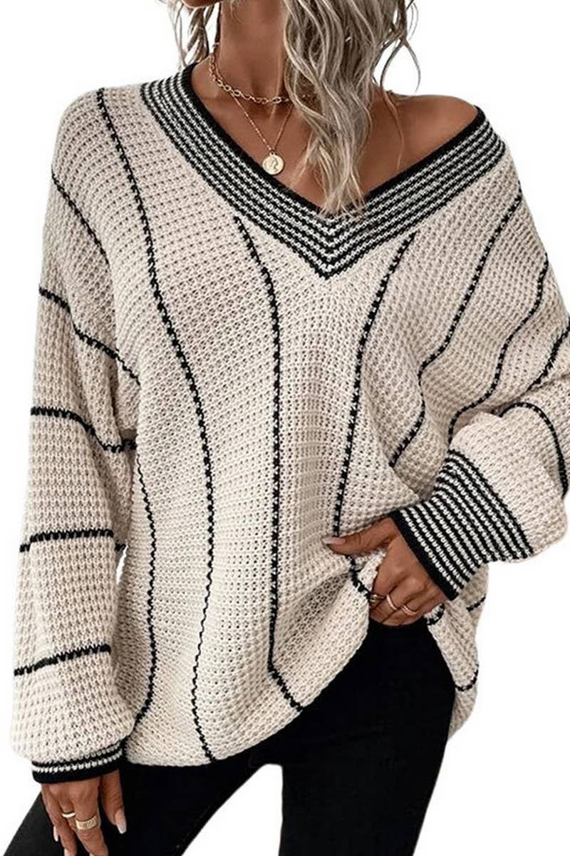 CWOSWL6821_NEW VERTICAL STRIPE CASUAL LOOSE SWEATER