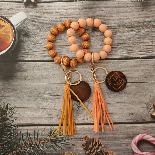 Leopard Wood Bead Bracelet with Tassel Keychain_CWAB5107