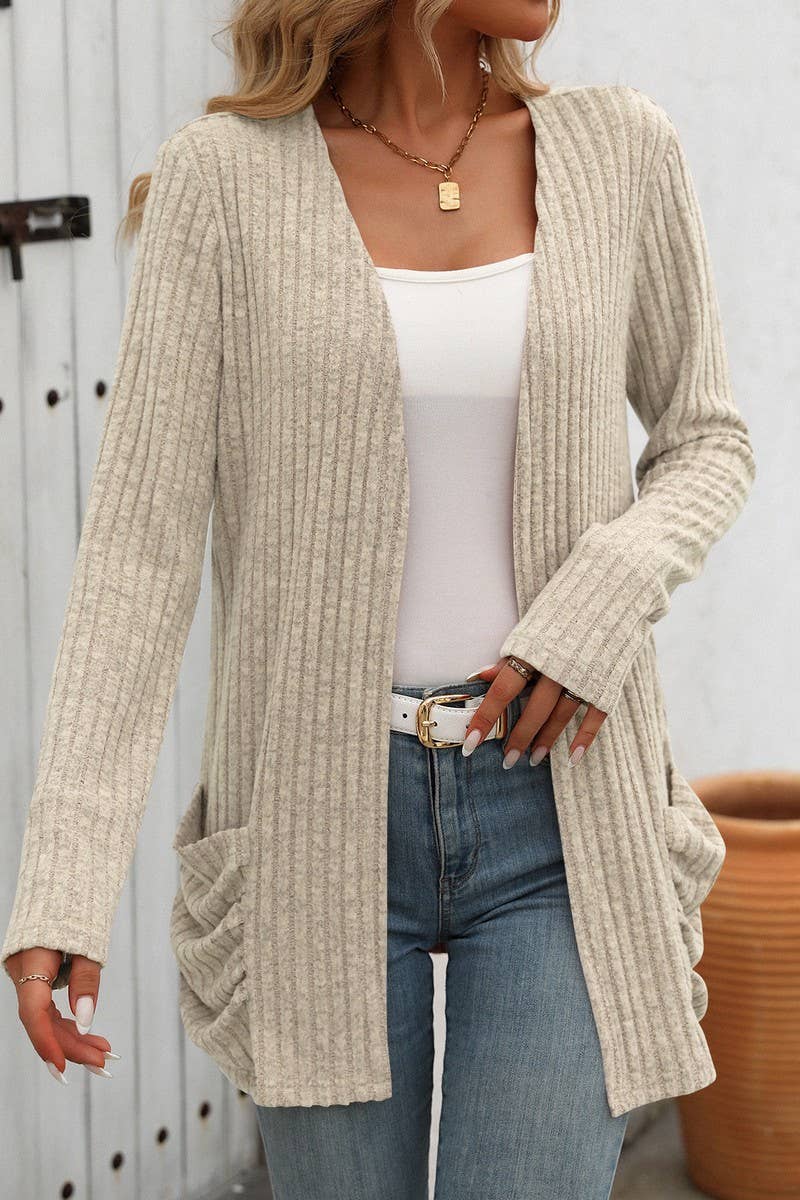 CWOCAL1308_SOLID COLOR RIBBED POCKET LONG SLEEVE CARDIGAN
