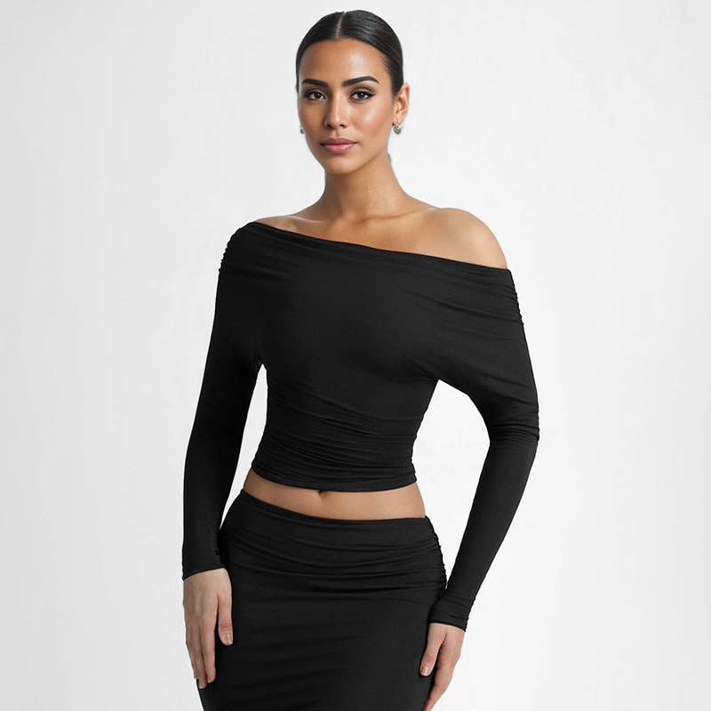 DIAGONAL NECK PLEATED WAIST SOLID COLOR T-SHIRT