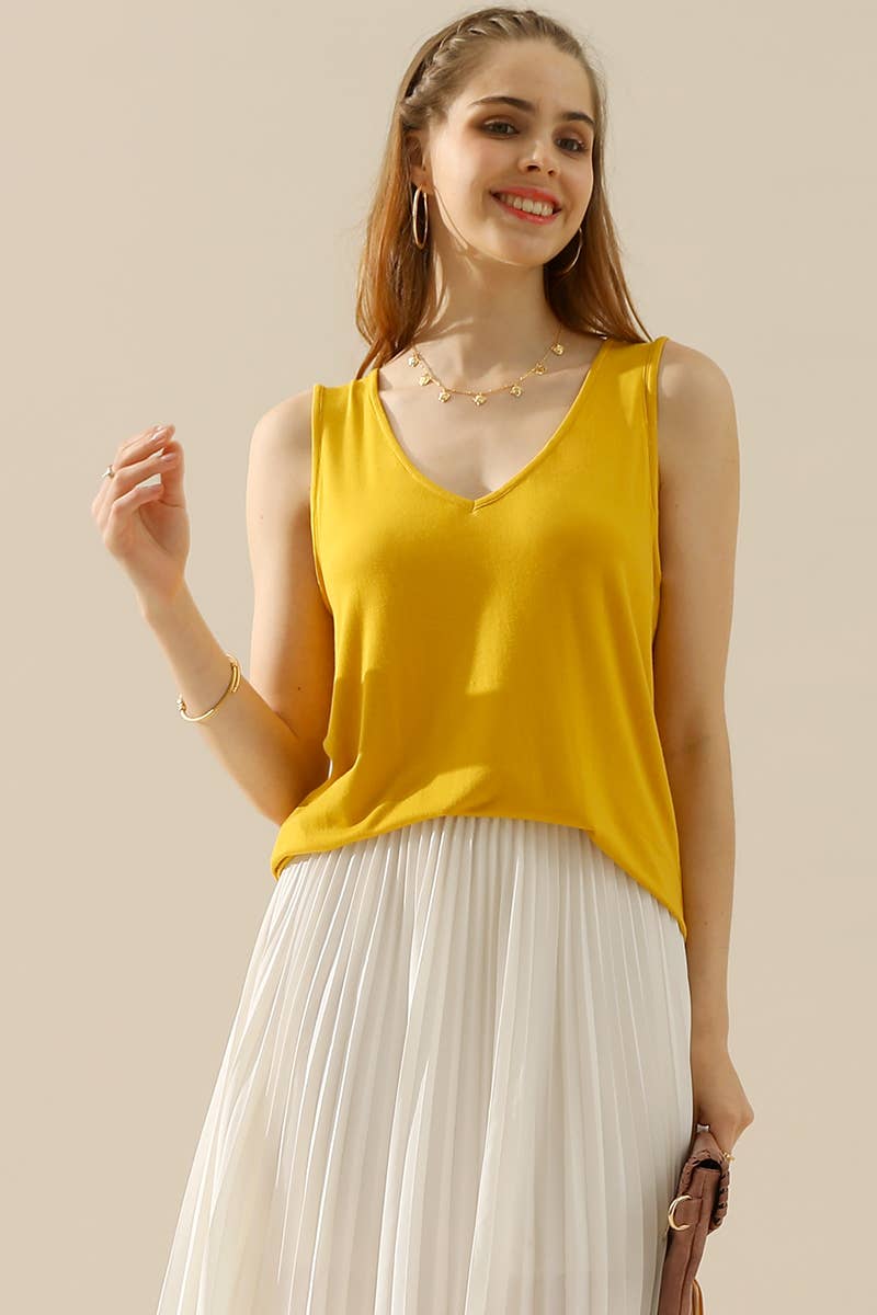 CWTTSL193_V NECK WIDE SLEEVELESS SOLID TEE SHIRTS TOPS