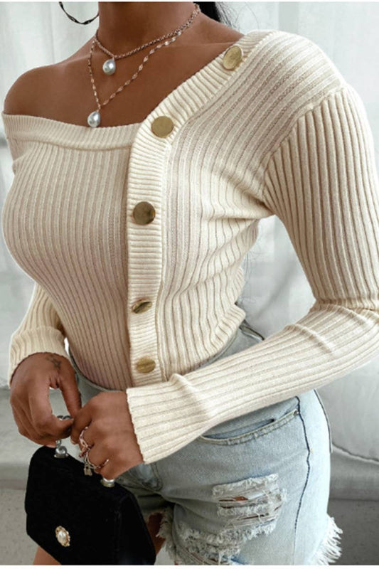 CWOSWL4862_FALL WINTER FASHION PATCHWORK BUTTON UP SWEATER