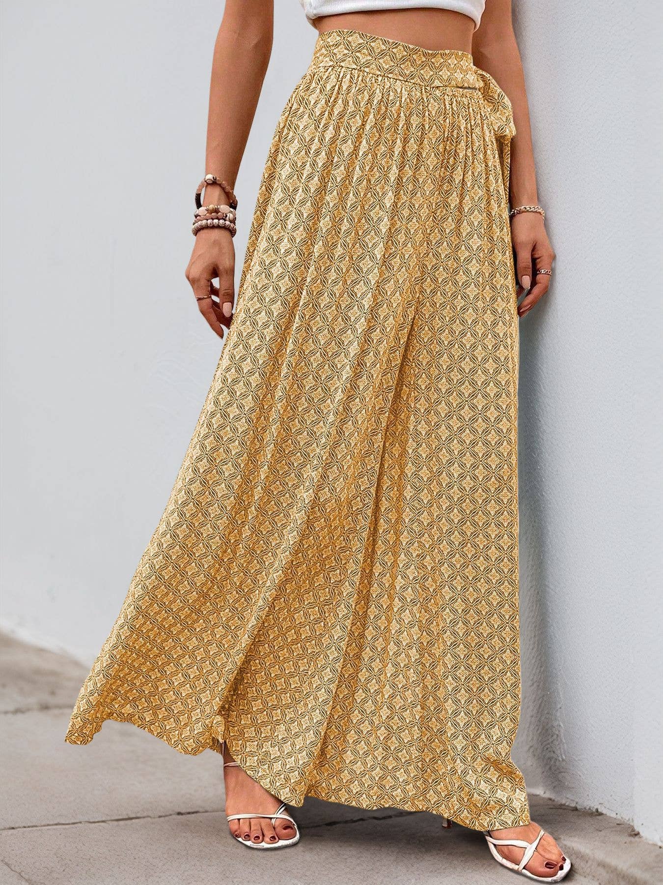 Casual lace-up geometric print flared pants