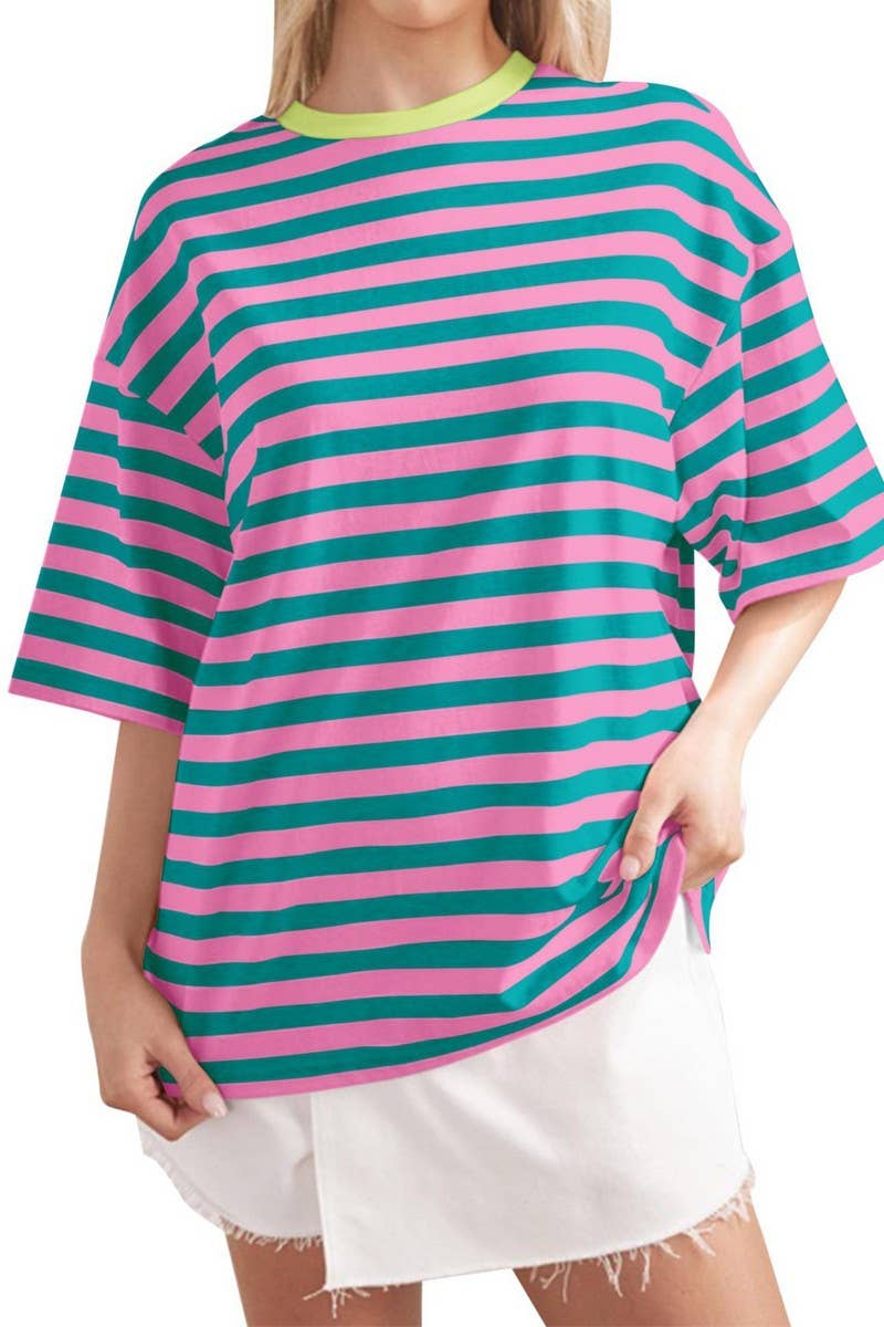 CWTTS1079_CASUAL ROUND NECK STRIPED PRINTED T-SHIRT