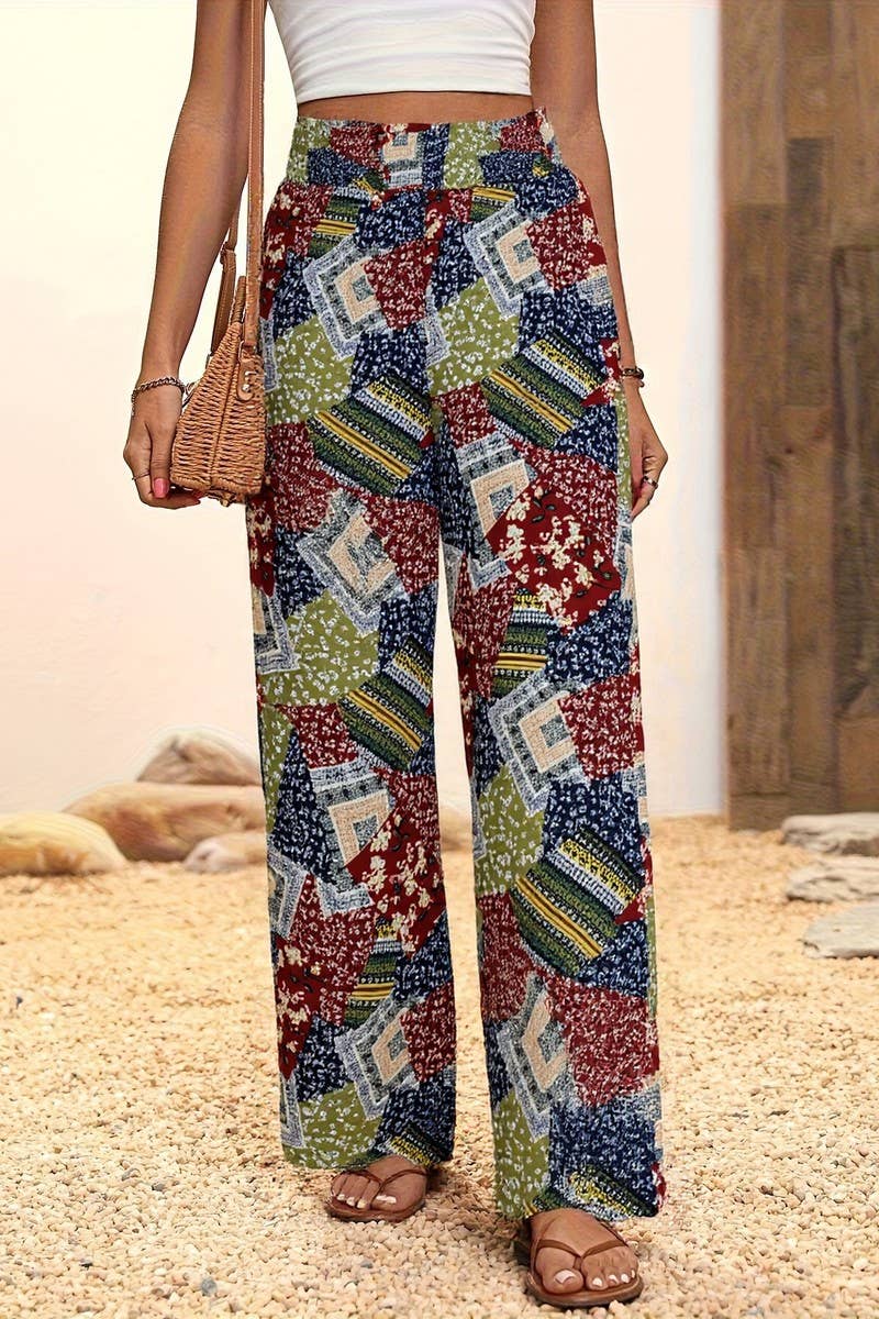 CWBLP2072_HIGH WAIST FLORAL FLARED DRAPED SUMMER PANTS