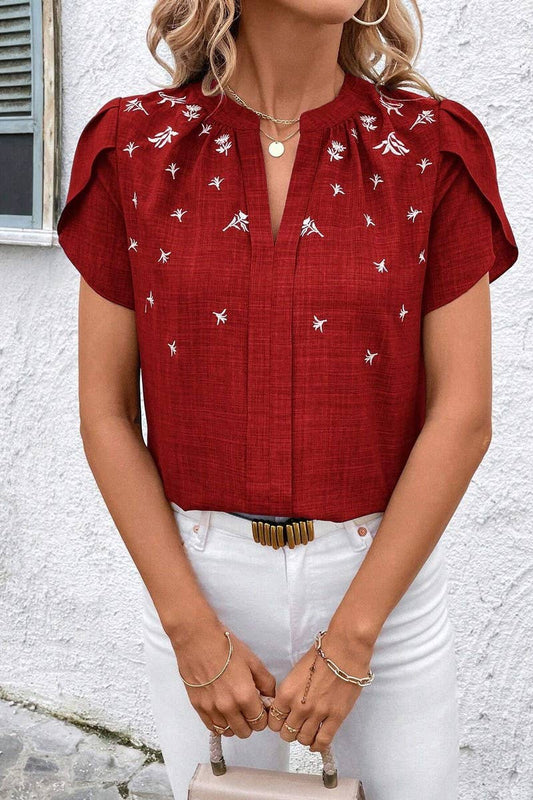 CWTTS1389_SUMMER SOLID COLOR HALF OPEN COLLAR PRINTED TOP