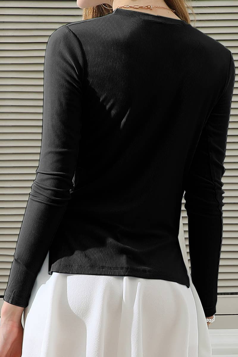 CWTTL1104_LONG SLEEVE CREW NECK LACE-UP STRING SHIRRING TOP