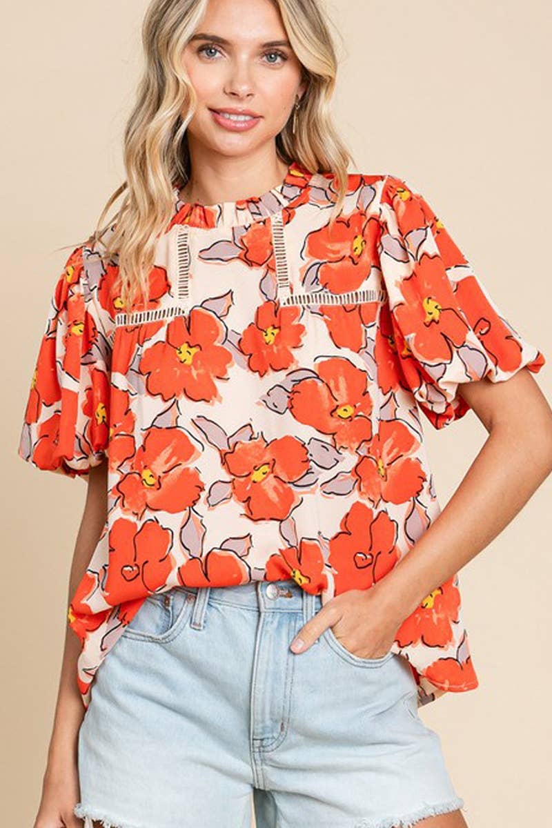 CWTBLS1376_ROUND NECK FLORAL PRINT SHORT-SLEEVED CASUAL TOP