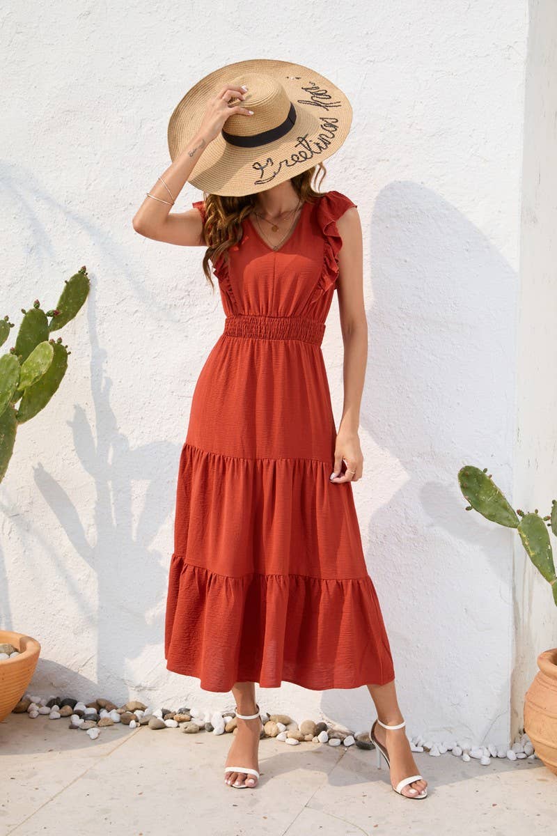 CWDMD2144_V-NECK HIGH-WAISTED CAKE DRESS