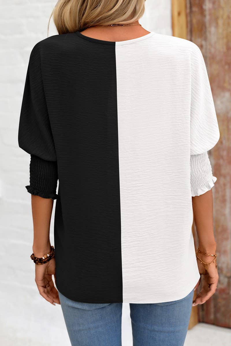 CWTBLS1501_COLORBLOCKED COLLAR LOOSE-FITTING BAT-SLEEVE TOP