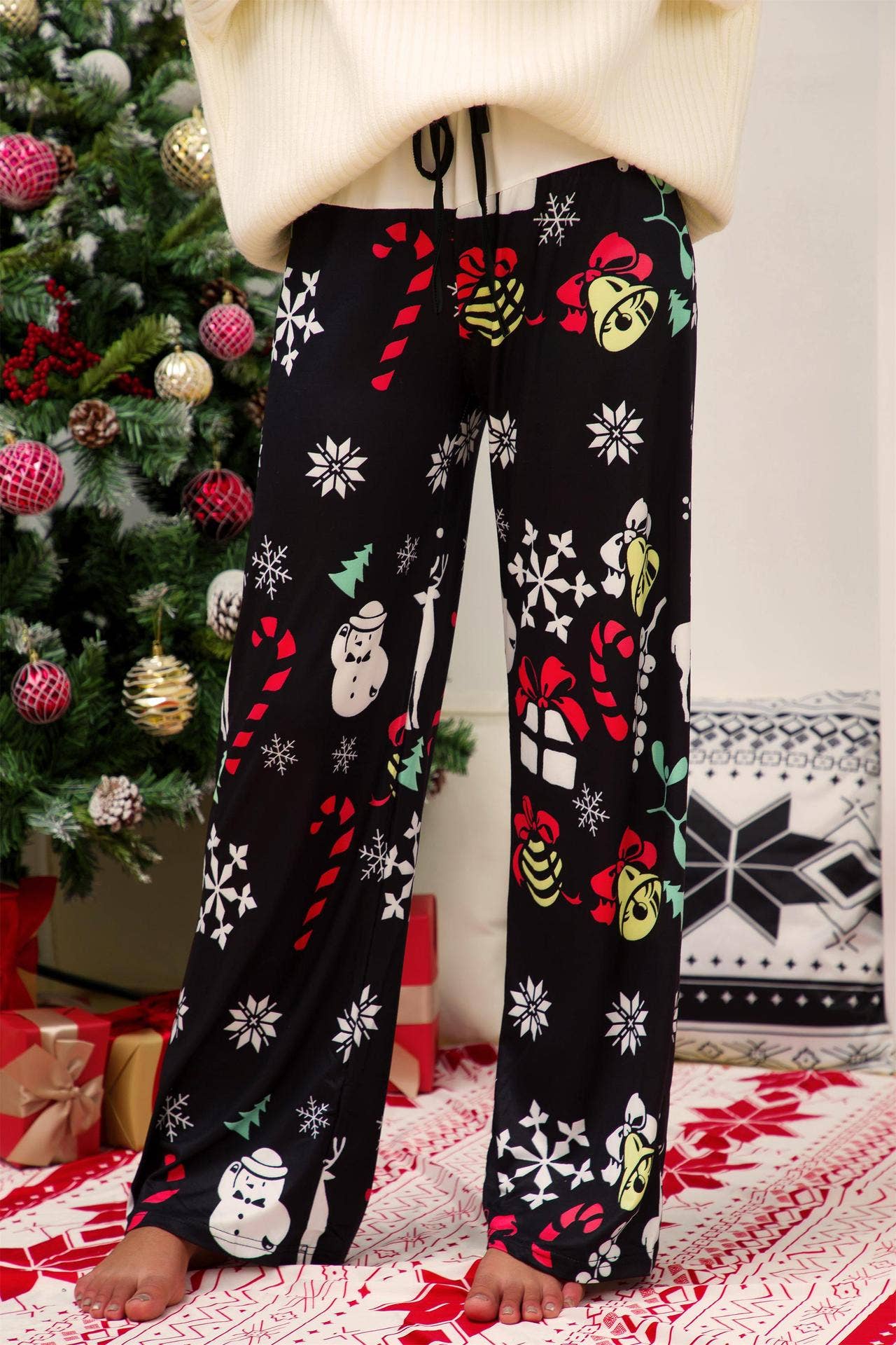 Christmas print patchwork lace-up wide-leg pants