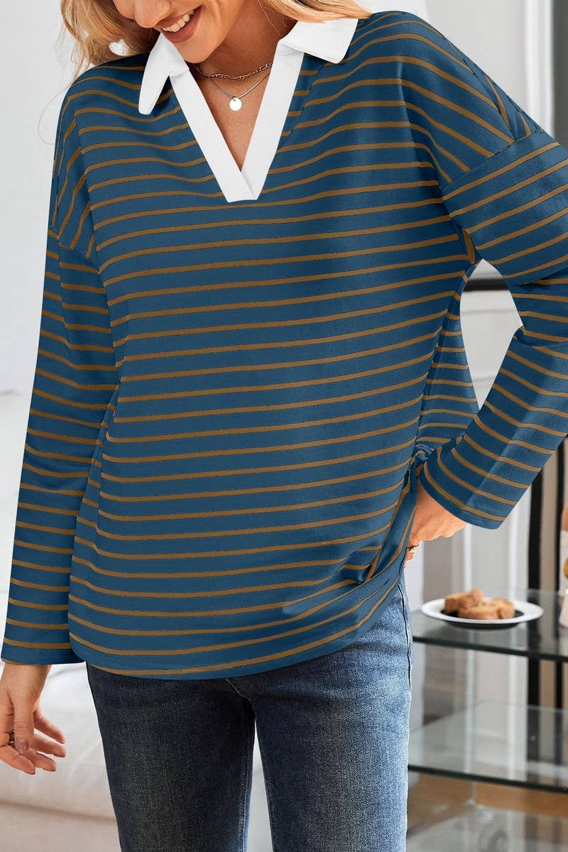 CWTBLL3674_STRIPED V-NECK LOOSE LAPEL SWEATSHIRT TOP