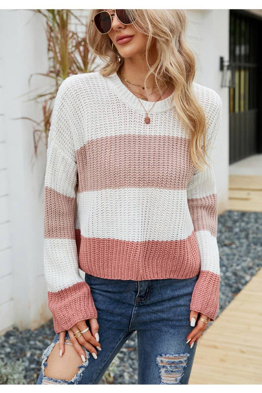 CWOSWL2708_CROPPED CASUAL STRIPED KNITTED SWEATER