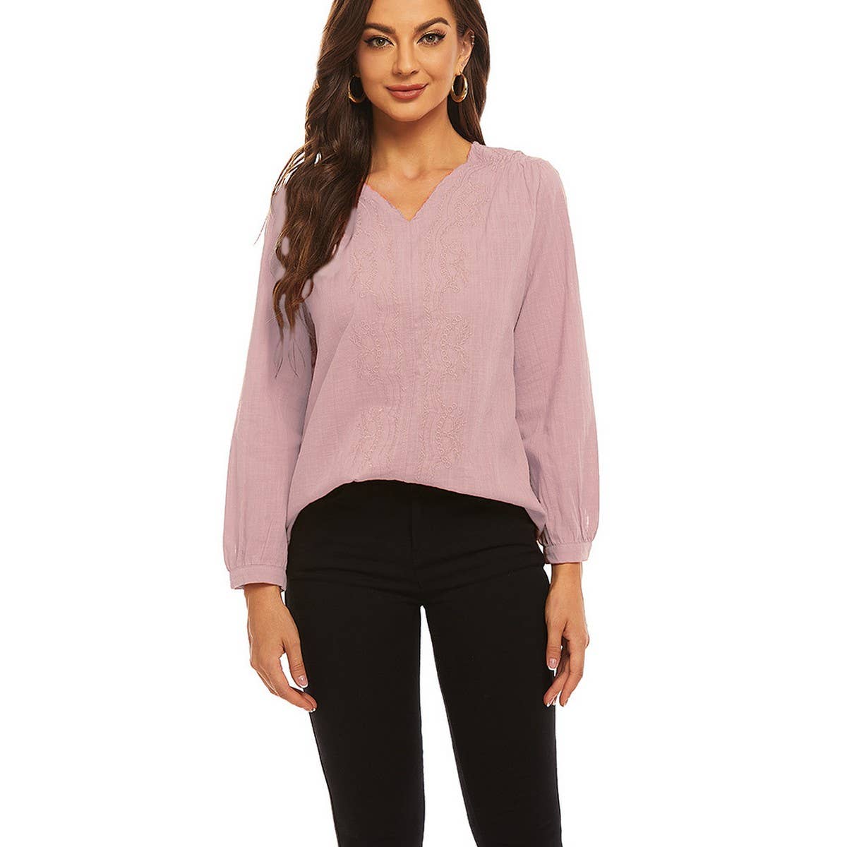 Cotton linen V-neck loose long-sleeved casual top