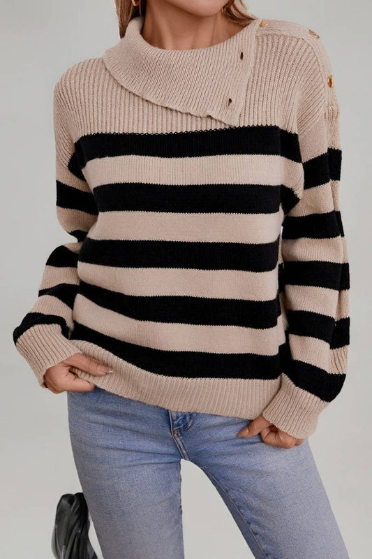 CWOSWL6940_LAPEL BUTTON-DOWN STRIPED KNITTED SWEATER