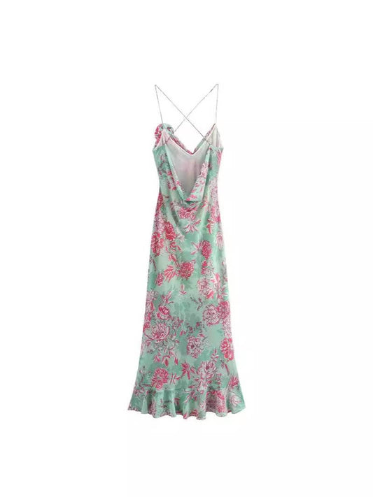 FLORAL PRINT HALTER HALTER DRESS WITH SWING COLLAR