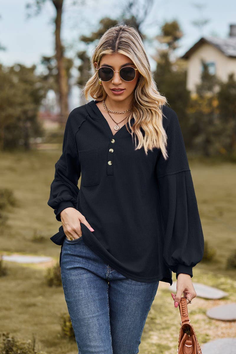 CWOHOL1095_NEW HOODED BUTTON LOOSE LONG-SLEEVED SWEATSHIRT