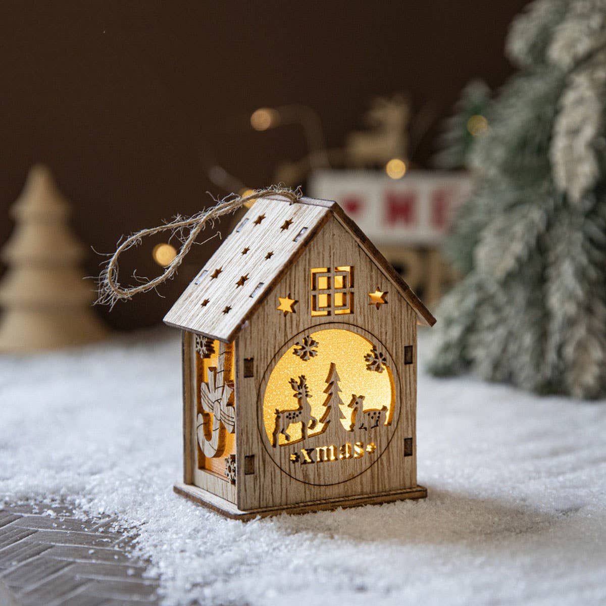 Wooden Christmas House Light Tree Ornament Gift_CWMM9758