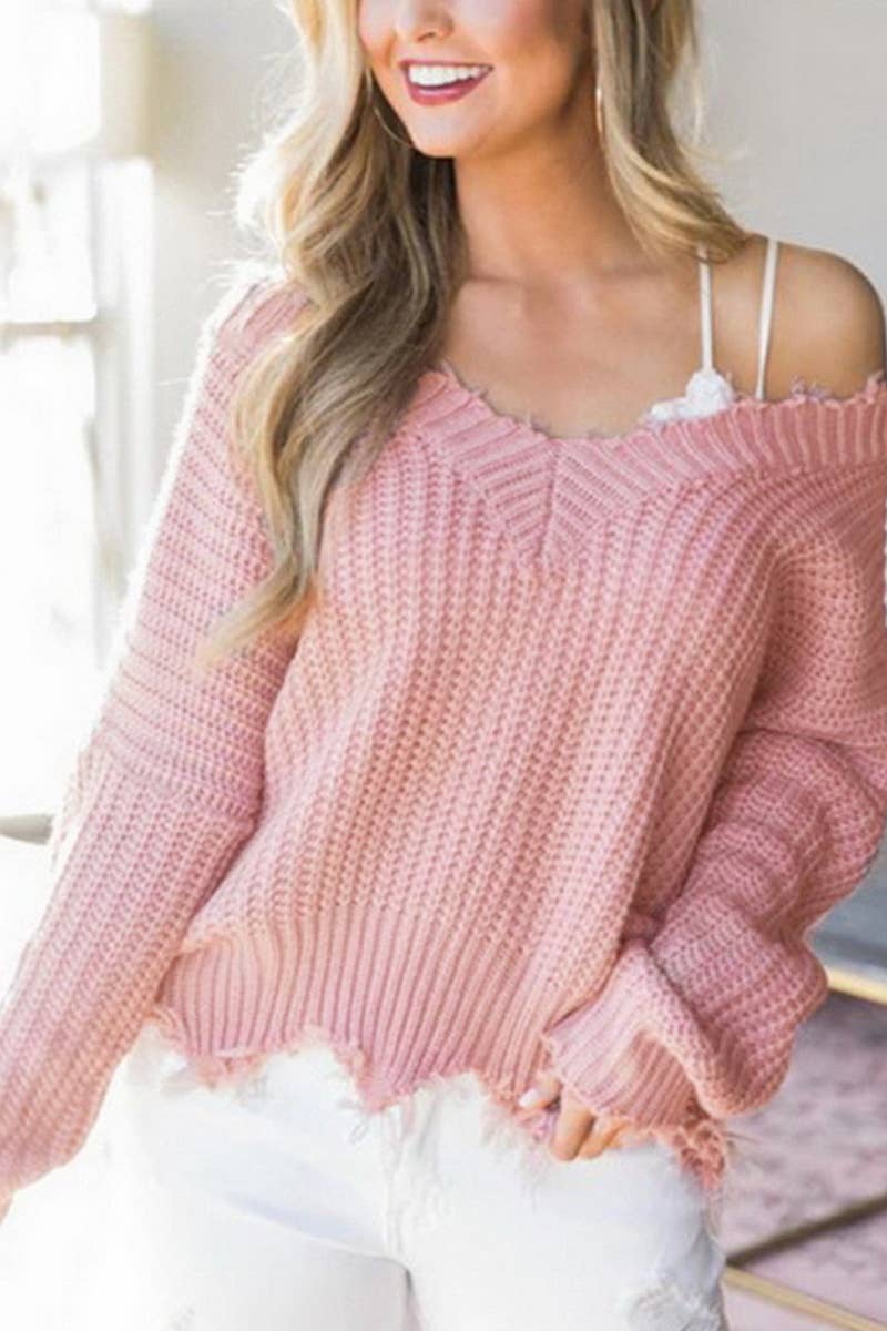 CWOSWL6324_SEXY V-NECK LONG-SLEEVED FRINGE SWEATER