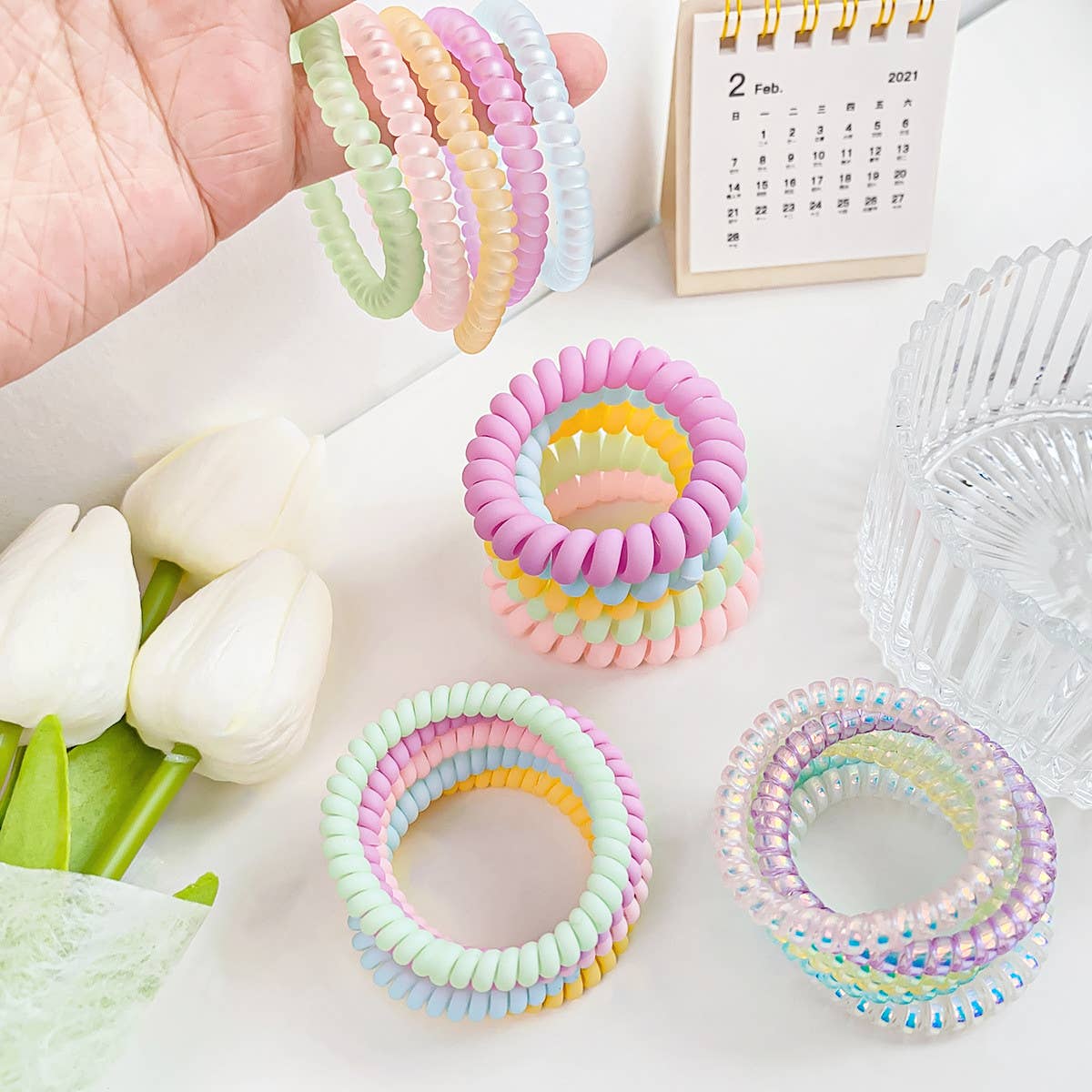 SYMPHONY CREAM TELEPHONE WIRE HAIR TIES 5-PACK_CWAHA1095