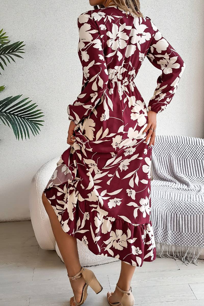 CWDMD2681_AUTUMN CASUAL FLOWER WAIST LONG SLEEVE DRESS