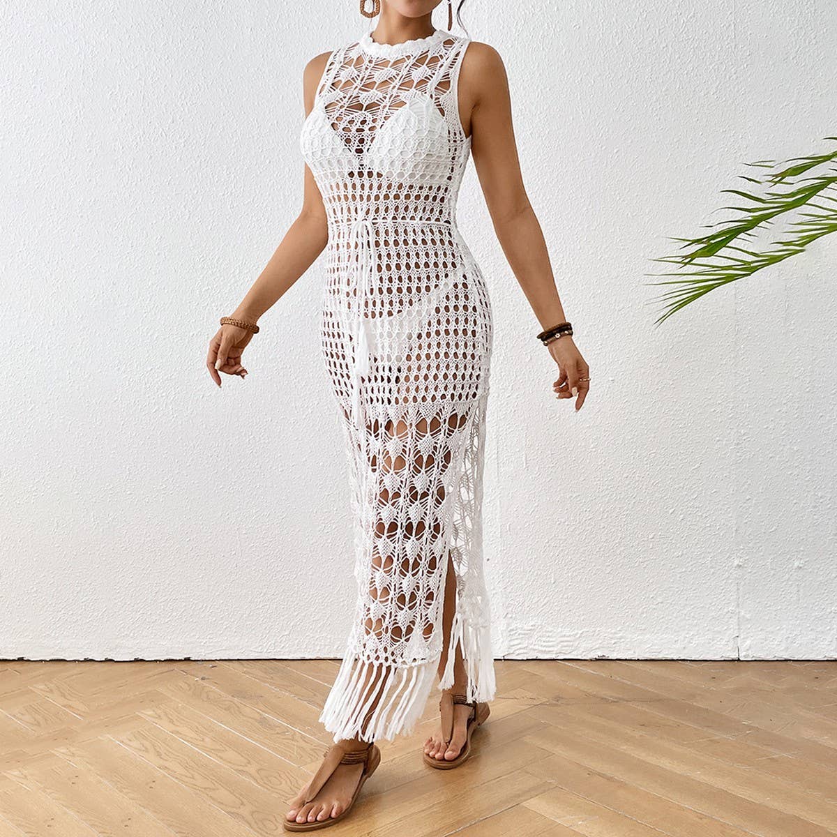 HOLLOW FLORAL WAIST-BINDING TASSEL BEACH DRESS