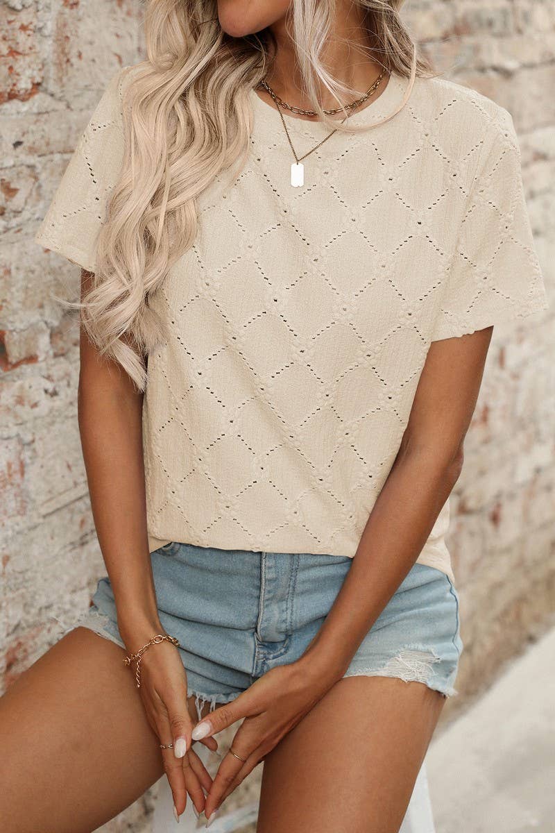 CWTTS1372_SUMMER ROUND NECK JACQUARD SHORT-SLEEVED T-SHIRT