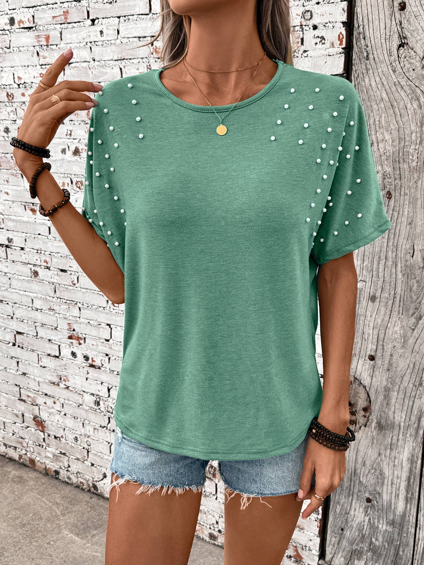 Backless Solid Beaded Round Neck Casual T-Shirt