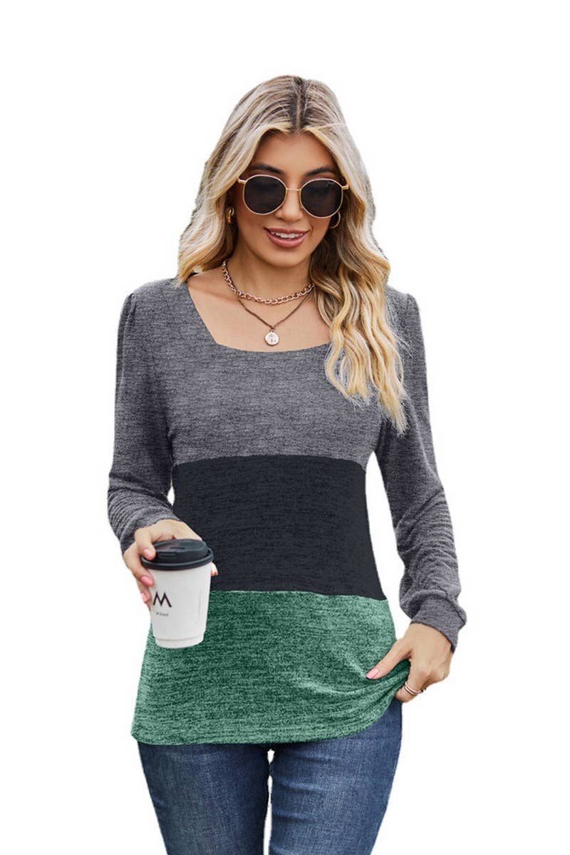 CWTBLL3681_SQUARE NECK PATCHWORK LOOSE LONG SLEEVE T-SHIRT