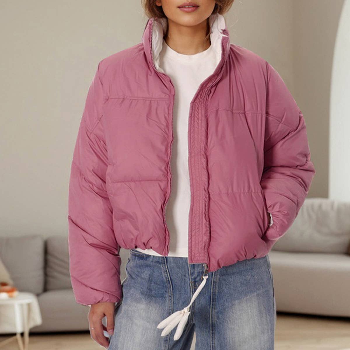 CONTRASTING COLOR ZIPPER STAND-UP COLLAR JACKET