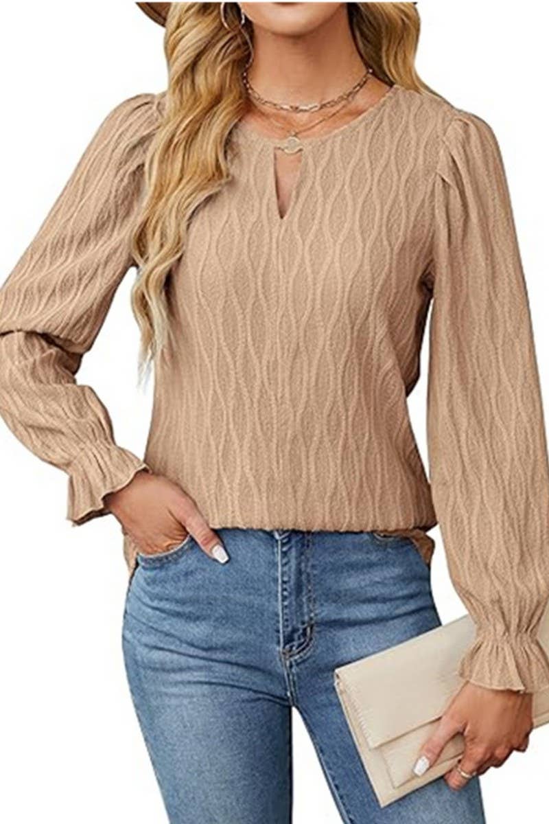 CWTBLL2851_SOLID COLOR JACQUARD ROUND NECK LONG SLEEVE TOP