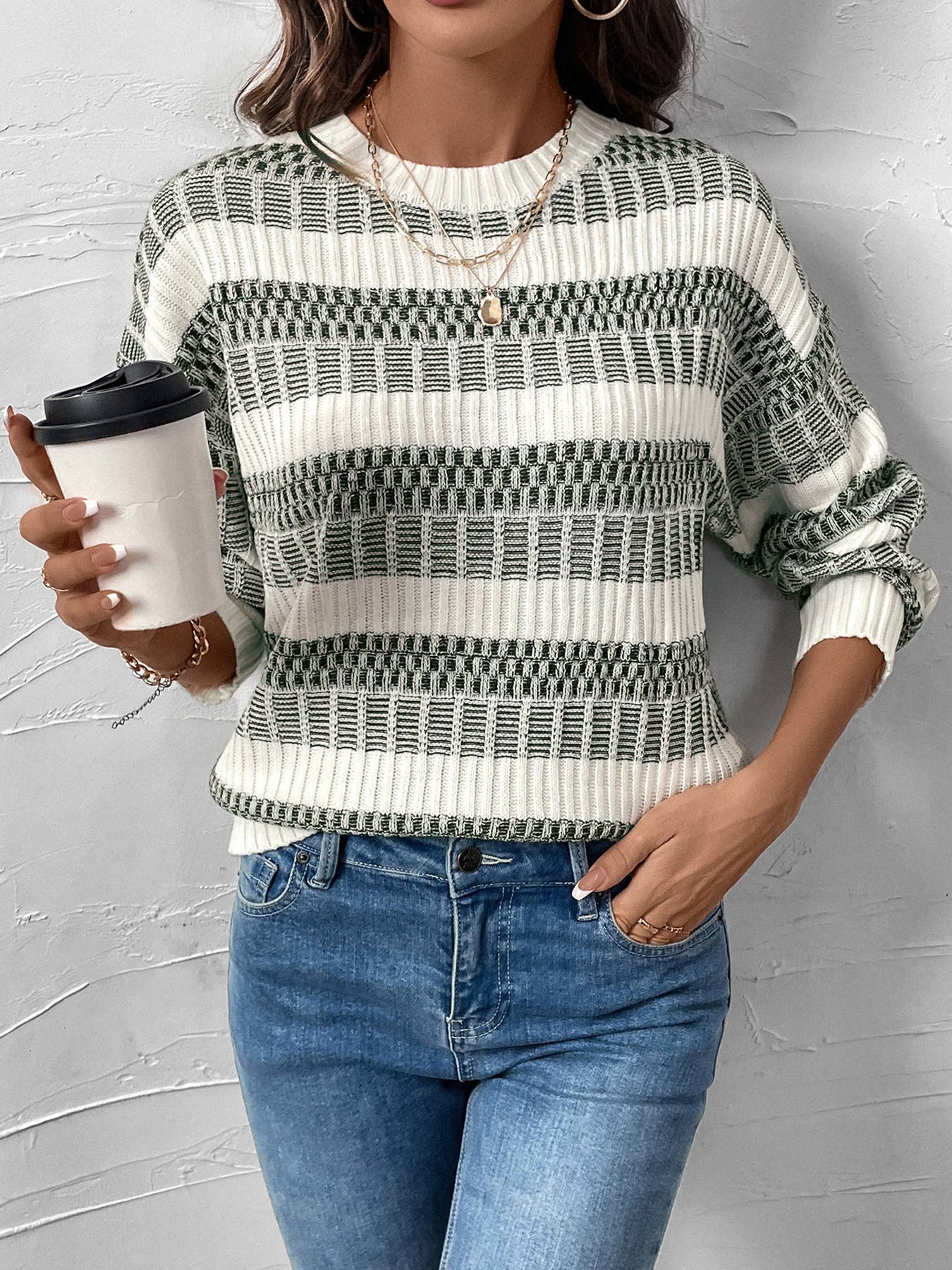 CASUAL STRIPED COLOR CREW NECK PULLOVER SWEATER