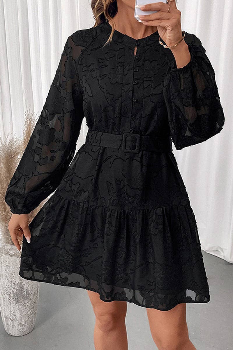 CWDSD10617_ELEGANT JACQUARD BELTED LONG SLEEVE DRESS