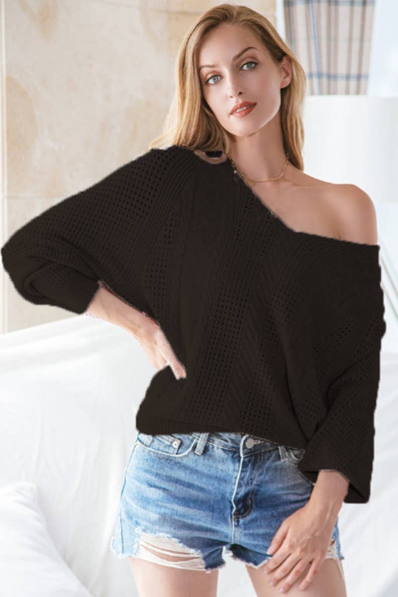 CWOSWL6652_SOLID COLOR HOLLOW LONG-SLEEVED SWEATER