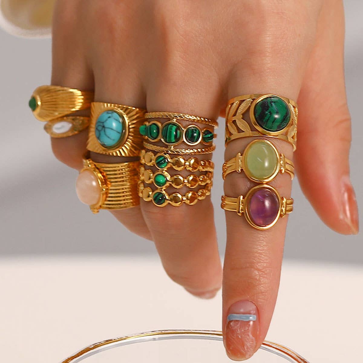 GOLD STAINLESS STEEL INLAID NATURAL STONE RINGS